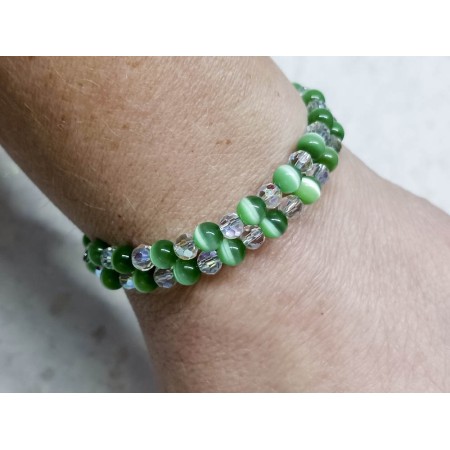 Green Glass Cats Eye & Crystal Wrap Bracelet